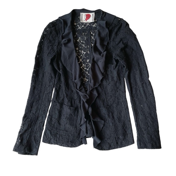 Free People Jackets & Blazers - Free People Eyelet Lace Ruffle Front Black Blazer Size 6